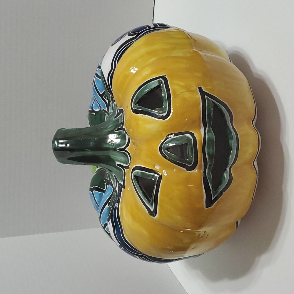 Large talavera ceramic pumpkin garden candle holder.